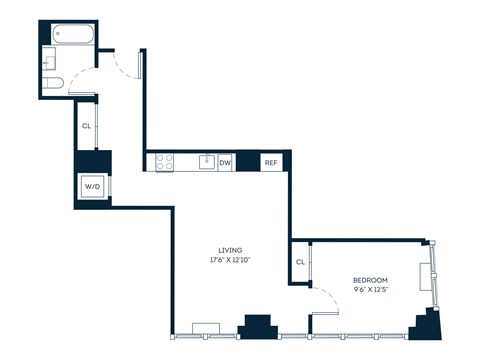 Floor plan for 1 bed, 1 bath, 706 sqft